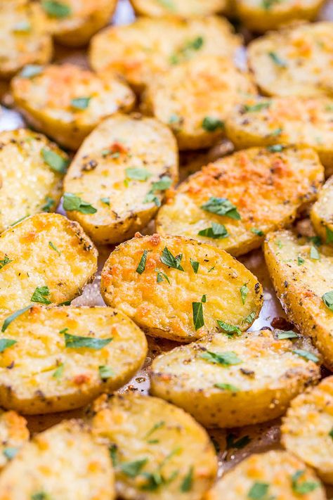 Easiest potatoes ever and packed with so much flavor! Olive oil, herbs, and everything is better with CHEESE!! Herb Roasted Potatoes, Bacon Potato Salad, Averie Cooks, Yellow Potatoes, Potato Wedges, Snacks Für Party, Potato Dishes, Roasted Potatoes, Camping Meals