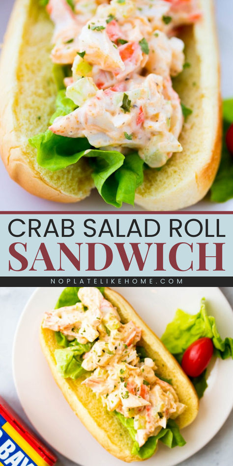 Here's an easy Spring recipe to try! This Crab Salad Roll Sandwich is a delicious and refreshing recipe made with just six ingredients and is ready in five minutes. This sandwich also makes an easy summer recipe! Sandwich Salad Recipes, Crab Sandwich Recipe, Crab Salad Sandwich, Crab Sandwich, Easy Spring Recipes, Rolled Sandwiches, Salad Rolls, Easy Summer Dinners, Recipes With Few Ingredients