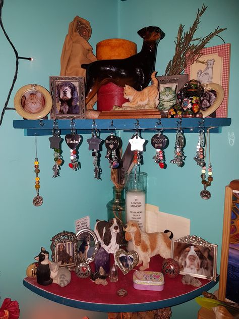 PETS - Rainbow Bridge Altar - Great Idea - I finally got around to buying the corner shelves so that I could create a space to honour the animals who have left our family and gone to Rainbow bridge where they wait for us to join them. I have treated the shelves the same way as my Moon and Sun corner shelves with paint,… Alter Ideas Spiritual, Ostara Ritual, Morris Dancing, Witch Room, Memory Jar, Cat Loss, Moon And Sun, Summer Memories, Corner Shelves