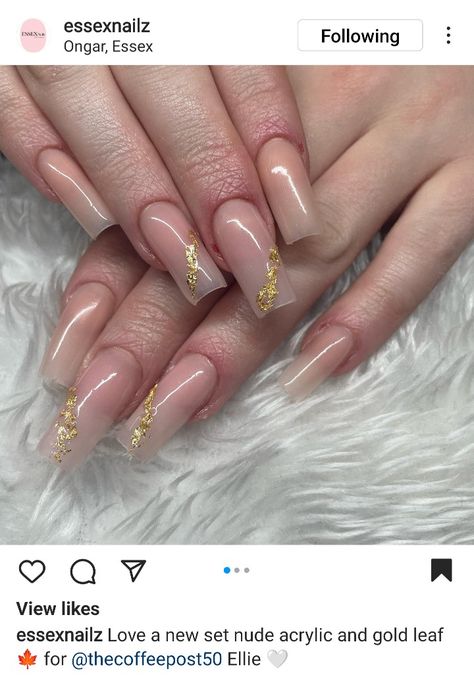 Nude nails with gold leaf in a diagonal on two fingers Gold Leaf Nails, Leaf Nails, Nails Inspo, New Set, Love A, Gold Leaf, Nail Inspo, Prom, Nails