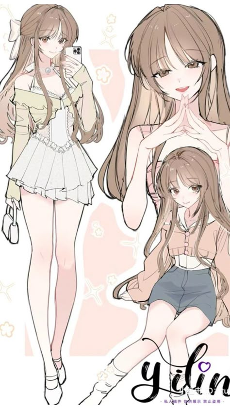 Skirt Ideas Drawing, Cute Drawings Poses, Pose Reference Hands On Face, Outfit Ideas Reference, Clothing Reference Drawing, Long Anime Hair, Cute Female Oc, Cute Clothes Drawing, Shoujo Art Style