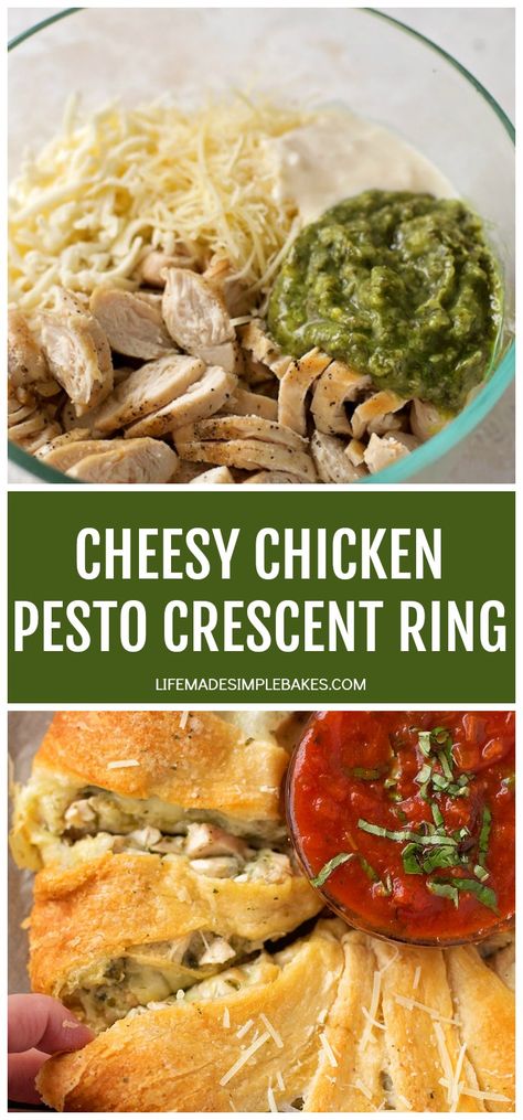 Pesto Chicken Crescent Ring, Chicken Pesto Dip, Chicken Pesto Puff Pastry, Chicken Pesto Pinwheels, Pesto Crescent Rolls, Crescent Ring Recipes Appetizers, Cheeseburger Rolls, Chicken Rings, Cheesy Pesto Chicken