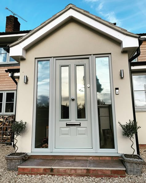 LUCY BROOKER on Instagram: “THROWBACK THURSDAY// Whoop what a difference a year can make! My new little spiral olive trees have arrived at last to finish our entrance…” Front Door Extension Entrance, Bungalow Entrance Porch, Uk Front Door, Front Door Porch Ideas Entrance, Inside Porch Ideas Entrance, Porches Ideas Entrance, Porch Ideas Entrance Interior, Front Door Ideas Uk, Front Porch Extension Ideas