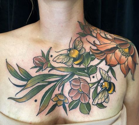 Julie Bauschardt on Instagram: “Thanks to @heidi.zbella for trusting me with this super neat asymmetrical chest piece! 🐝🤎🧡💛 scroll for a second view! #beetattoo…” Flower Chest Piece, Floral Chest Piece Tattoo Female, Matching Shoulder Tattoos For Women, Symmetrical Chest Tattoo Female, Floral Chest Piece, Plus Size Chest Tattoo, Asymmetrical Chest Tattoo, Colorful Chest Tattoo, Chest Flower Tattoo