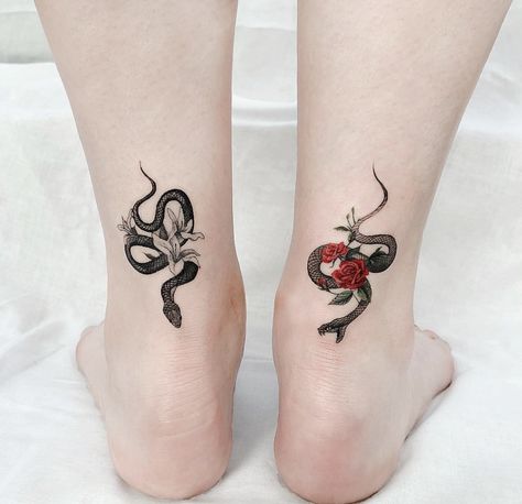 Snake Tattoo On Ankle, Matching Snake Tattoos, Tattoo On Ankle, Small Snake Tattoo, Any Tattoo, Tattoos For Best Friends, Matching Friend Tattoos, Small Snake, Matching Best Friend Tattoos