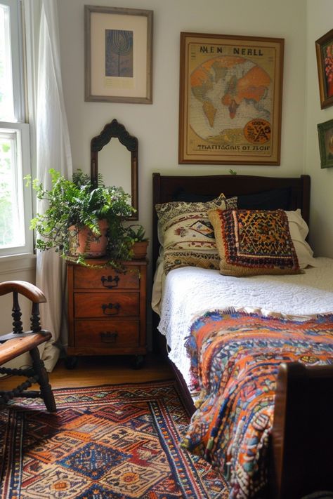 Discover 14 vintage cozy boho bedroom decor ideas. Transform your space with vintage furniture, layered textiles, macrame, and natural elements. Embrace the blend of vintage charm and boho style for a warm, eclectic retreat that reflects your unique personality. Boho Inspo Decor, Boho Vintage Apartment, Eclectic Interior Design Vintage Bedroom, Rugs In Bedroom Ideas, Natural Eclectic Decor, Warm Eclectic Bedroom, Vintage Bedroom Ideas Cozy, Eclectic Apartment Decorating Ideas, Vintage Indie Bedroom