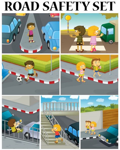 Scenes of children and road safety illustration Free Vector Safety Rules On Road, Safety Illustration, Road Safety Poster, Sequencing Activities Kindergarten, Street Safety, Safety Rules For Kids, English Activities For Kids, Health And Physical Education, School Safety