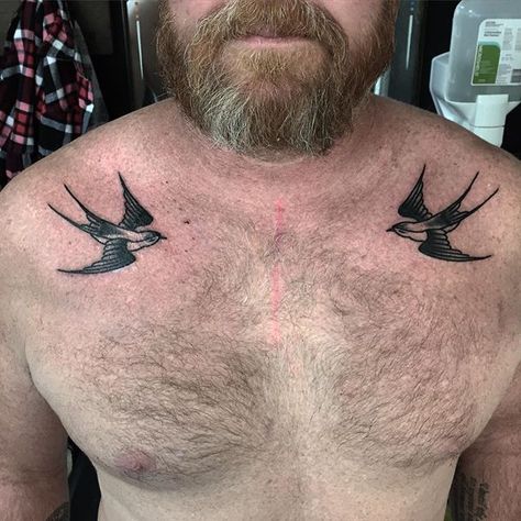 Chest Tattoo Writing, Swallows Tattoo, Traditional Swallow Tattoo, Traditional Chest Tattoo, Swallow Tattoo Design, Swallow Bird Tattoos, Tattoo Writing, Small Chest Tattoos, Sparrow Tattoo