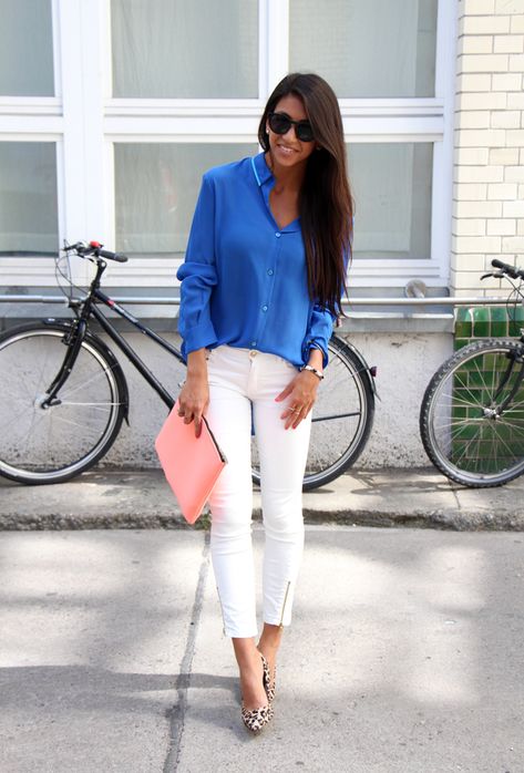 Cobalt Blue Blouse Outfit, Cobalt Top Outfit, Blue Blouse Outfit Work, Royal Blue And White Outfit, Royal Blue Blouse Outfit, Cobalt Blue Outfits, Zara White Pants, Blue Blouse Outfit, Cobalt Blue Outfit