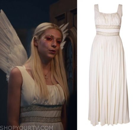 Jules Vaughn Fashion, Clothes, Style and Wardrobe worn on TV Shows | Shop Your TV Euphoria Season 1, Halloween Gown, Romantic White Dress, Jules Vaughn, Euphoria Clothing, White Halloween Costumes, Halloween Episodes, Euphoria Fashion, Grecian Dress