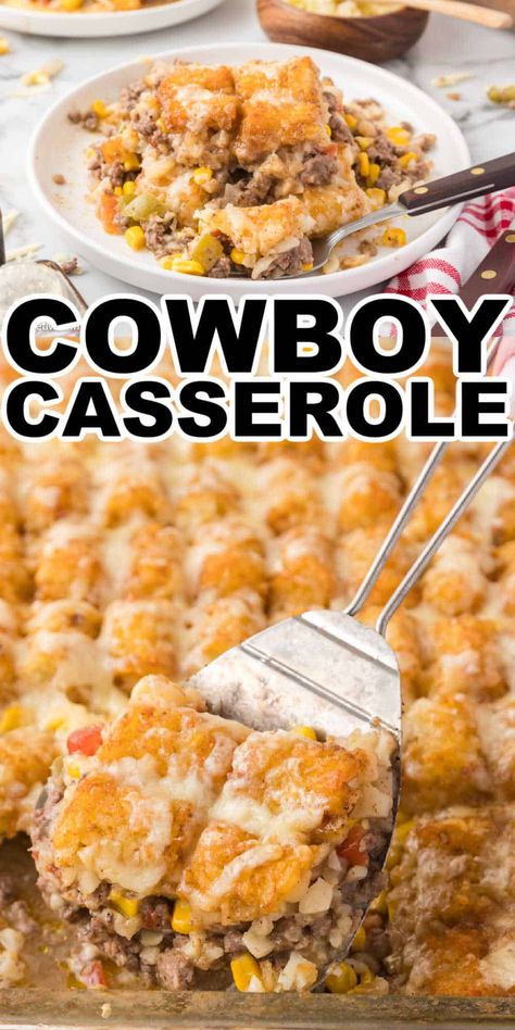 Cowboy casserole is a tasty twist on the classic Tator tot casserole. If you want a comfort meal for dinner this casserole is perfect. Easy to make, full of flavor, this cowboy casserole recipe is perfect for a weeknight dinner or when feeding a crowd. Flavorful beef, veggies, tater tots and cheese, there isn't anything not to love about this Cowboy Tater tot casserole recipe. Slow Cooker Cowboy Casserole, Tex Mex Cowboy Casserole, Tater Tots Casserole With Ground Beef, Touchdown Casserole, Tator Tot Poutine, Tartar Tots Casserole Recipes, Tater Tot Nachos Recipes, Tator Tot Taco Casserole Recipe, Easy Tater Tot Casserole Simple