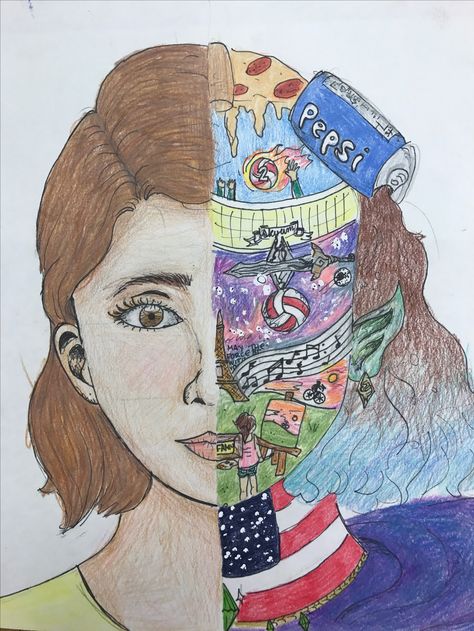 School Identity Art Project Ideas, Identity Self Portrait, Split Face Self Portrait, Identity Art Project, Self Portrait Ideas Drawing, Identity Portrait, Self Portrait Art, 7th Grade Art, 8th Grade Art