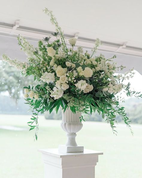 Timeless Floral Arrangements, Ceremony Altar Arrangements, White Urn Arrangement Wedding, Gardenia Wedding Flowers, Wedding Stairs, Wedding Flower Arrangements Table, Alter Flowers, Courtney Smith, Green And White Flowers