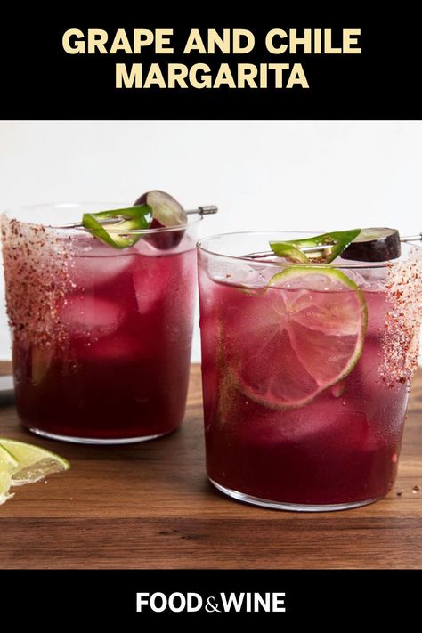 This quick and easy 10-minute black grape and chile margarita recipe is the ultimate margarita recipe meets tequila cocktail recipe.#tequilacocktailrecipes #tequilacocktails #margaritarecipes #chilemargaritas #spicymargaritarecipes #cocktailrecipes #margaritadays Grape Margarita Recipe, Tequila Grapes, Purple Margarita Recipe, Grape Cocktail Recipes, Ultimate Margarita Recipe, Grape Cocktail, Cointreau Margarita, Cocktails With Rum, Grape Cocktails