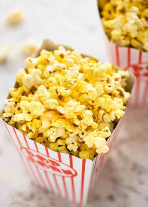 Yellow Homemade Movie Popcorn in a popcorn bucket Salty Popcorn, Making Ghee, Pizza Roll, Movie Popcorn, Homemade Popcorn, Popcorn Snacks, Recipetin Eats, Recipe Tin, Best Party Food