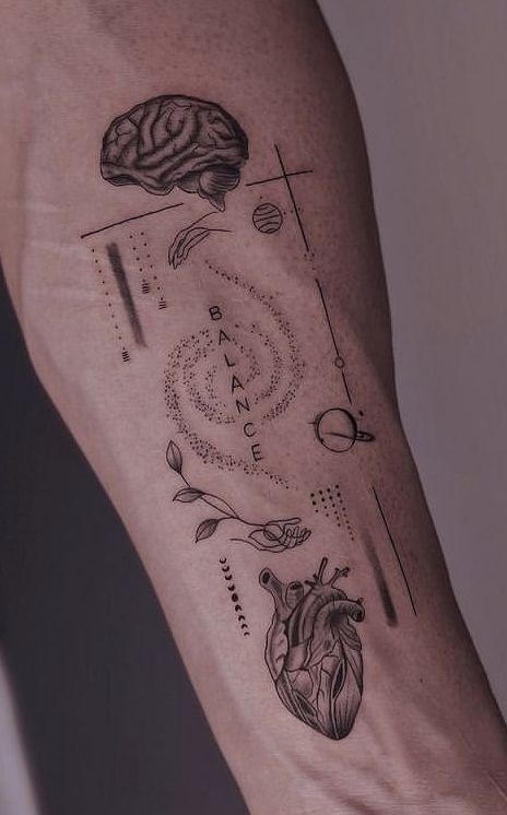 Random Tattoo Placement, Connecting Tattoos Sleeve, Intellectual Tattoos Ideas, Schematic Tattoo Ideas, Tattos Ideas Minimalista, Tattoos For Men Bicep, Tattoos Men Aesthetic, Mens Tattoo Designs Drawing, Anthropology Tattoo