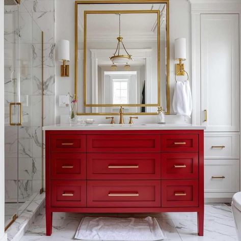 Red Bathroom Ideas, Farmhouse Bathroom Paint, Red Vanity, Gorgeous Bathroom Tile, Bathroom Paint Ideas, Red Bathroom Accessories, Bathroom Accessories Ideas, Red Accent Wall, Columns Decor