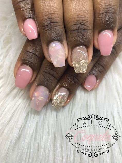 Blush Pink Nails With Design, Pink And Gold Nails Short, Rose Gold And Pink Nails, Pink And Rose Gold Nails, Short Coffin Shape Nails, Rose Gold Glitter Nails, Long Nails Square, Shabby Chic Nails, Pink Gold Nails