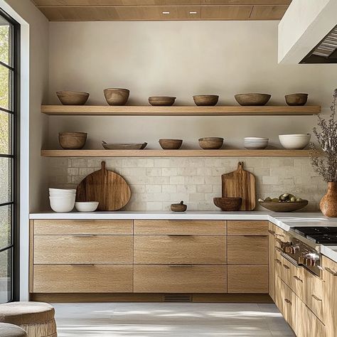 Range With Open Shelving, Single Floating Shelf Kitchen, Walnut Shelves Kitchen, Open Shelving In The Kitchen Ideas, Open Upper Kitchen Cabinets, Corner Open Shelves Kitchen, Exposed Kitchen Shelves, Kitchen With Shelves Instead Of Cabinets, Open Wood Shelves Kitchen