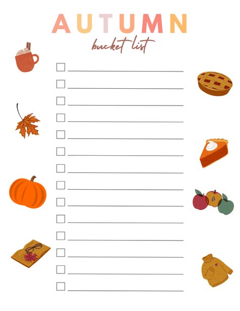 Downloadable Autumn Bucket List! – Little Sweet Karen Fall Bucket List Template, Bucket List Template, Fall Bucket List Printable, Autumn Bucket List, Bucket List Printable, Hello Kitty House, Goodnotes Stickers, To Do Lists, Fall Bucket List