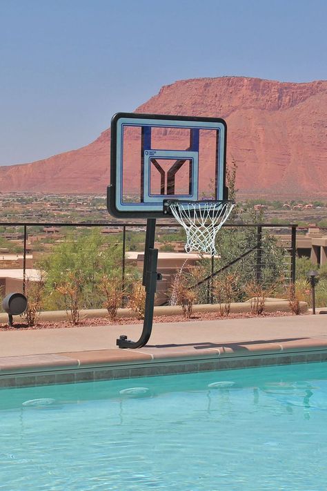 Black deck-mounted pool basketball hoop Basketball Backboard Design, Salt Water Pools, Pool Basketball Hoop, Pool Basketball, Volleyball Set, Basketball Backboard, Basketball Net, Basketball Goals, Fiberglass Pools