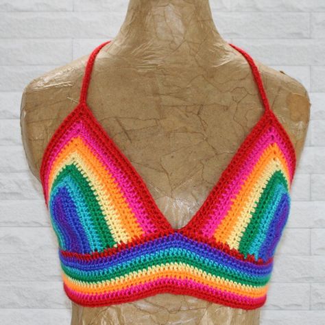 Crochet Granny Square - Crochet Motif - Crochet Patterns - Crochet Projects - Crochet Craft Rainbowcore Fashion, Crocheted Crop Top, Crochet Bralette Top, Bust Dart, Rainbow Crop Top, Crocheted Clothes, Granny Pattern, Handmade Bikinis, Crochet Festival