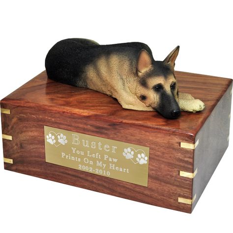 German Shepherd Figurine Wooden Urn- Laying Pet Coffin, Dog Cremation, Pet Cremation Urns, Dog Urns, Cat Urns, Custom Urns, Wood Urn, Wooden Urn, Pet Urn