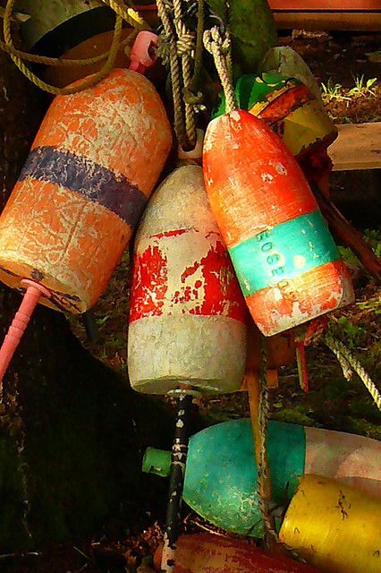 lobster buoys [williambuckman / flickr] Buoys Art, Buoy Decor, Lobster Buoys, Salt Water Fishing, Fishing Floats, Nautical Art, Coastal Beaches, Seminyak, Fishing Boat