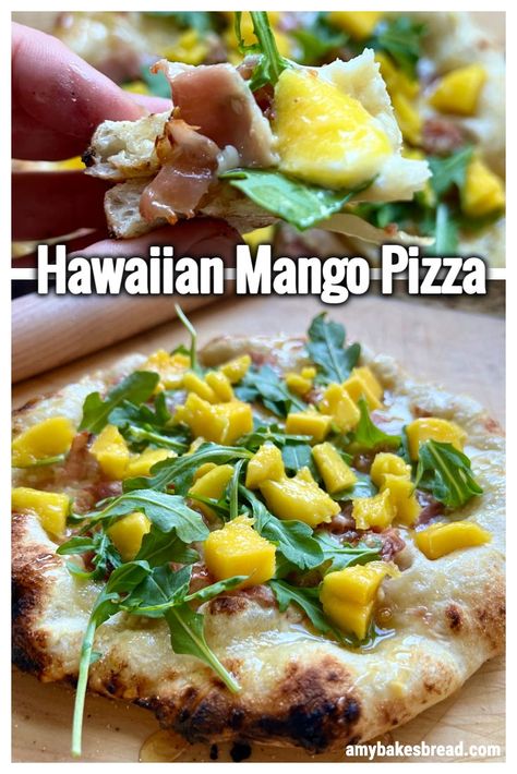 Hawaiian-style Neapolitan pizza made in an outdoor pizza oven. Mascarpone, parmesan and prosciutto are baked to perfection in a pizza oven. The pizza is drizzled with honey and topped with fresh arugula and mango. Absolutely delicious. This recipe is inspired from the amazing Mango Hawaiian pizza made at Pounders Restaurant in Laie, Hawaii. Hawaii Pizza, Laie Hawaii, Honey Pizza, Florida Baby, Prosciutto Pizza, Neapolitan Pizza, Pineapple Pizza, Outdoor Pizza Oven, Pizza Peel