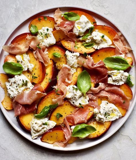 Fresh Peach, Burrata and... - Flavorful Kitchen Adventures Burrata And Proscuitto, Proscuitto Salad, Peach Burrata Salad, Salad Dressing Recipes Vinaigrette, Peach Burrata, Prosciutto Salad, Burrata Recipe, Burrata Salad, Burrata Cheese