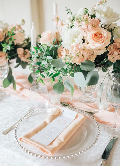 Peach Wedding at Brookend Green Farm — Engage Weddings Peach Table Setting Wedding, Peach Wedding Ceremony, Peach Wedding Flowers Centerpieces, Peach Centerpiece Wedding, Wedding Decor Peach, Wedding Centerpieces Champagne, Peach Table Setting, Peach Table Decor, Green Peach Wedding