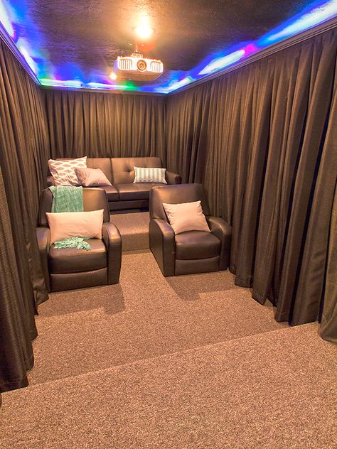 Our Home Theater Room: The Reveal - Jenna Sue Design Blog Home Theater Room, Theatre Diy, Theater Room Decor, Small Home Theaters, Basement Home Theater, Home Theater Room Design, Theater Room Design, Home Theater Furniture, Jenna Sue