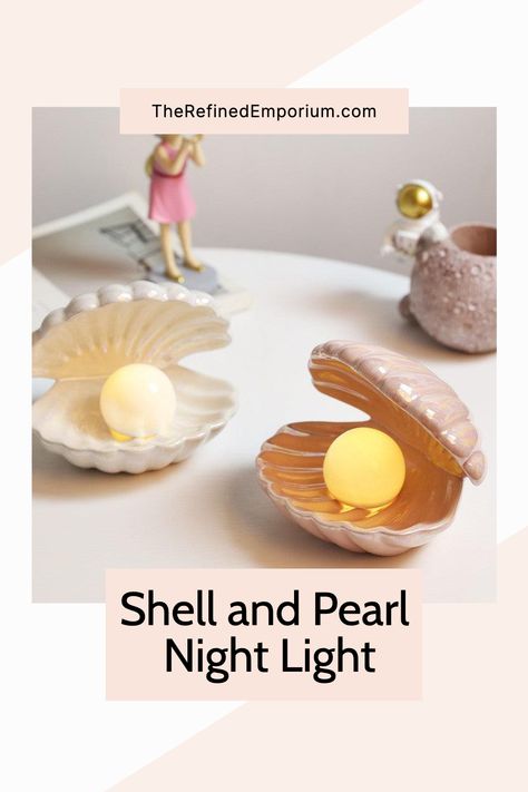 Bring an air of elegance and sophistication to your home with 'The Refined Emporium' Shell and Pearl Night Light. With its intricate pearl and shell details, this handcrafted light will transform your evening ambiance into a truly luxurious experience. Mermaid Fairy, Ceiling Fan In Kitchen, Fashion Toys, Night Lamps, Aesthetic Bedroom, Pharmacy Gifts, Xmas Gifts, Night Light, Shells