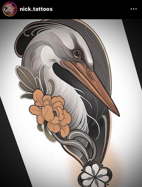 Neo Traditional Crane Tattoo, Neo Trad Flash Sheet, Horse Tattoo Sleeve, Neo Traditional Art, Heron Tattoo, Tattoo Art Design, Red Bird Tattoos, Crane Tattoo, Neo Tattoo