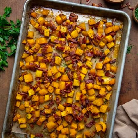 Maple Bacon Butternut Squash - I Am Homesteader Maple Bacon Butternut Squash, Butternut Squash With Bacon, Cooking Bacon, Baked Bacon, Maple Bacon, Cozy Meals, Crumbled Bacon, Butternut Squash Soup, Bacon Bits