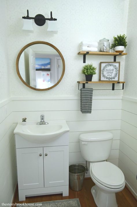 Powder Room Makeover Garage Powder Room, 2 Piece Powder Room, First Floor Powder Room Ideas, Pedestal Sink Shelf Above, Tiny Powder Room Ideas Farmhouse, Large Half Bathroom Ideas, Powder Room Shelf Decor, Small 1/2 Bath Ideas, Powder Room Ideas Farmhouse