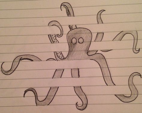 drawing sketch doodle octopus between the lines on lined paper Draw Between The Lines, Drawing Between The Lines, Doodle Octopus, Lined Paper Art Doodles, Lined Paper Doodles, Lined Paper Drawing, Things To Draw On Lined Paper, Lined Paper Art, Octopus Drawing Simple