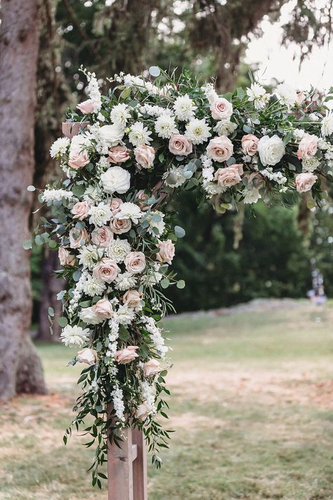 Blush And Green Wedding Flowers, Greenery And Blush Wedding, Wedding Flowers Eucalyptus Blush, Sage Green White Pink Wedding, Wedding Flowers Sage And Blush, Blush Pink White And Greenery Wedding, Green White Blush Wedding, Pink And White Floral Arch, Sage Green And Blush Wedding Arch