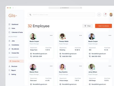 Hello All This is an Employee list page design. Glis is a Modern HR Management system that helps a business more efficiently manage their Teams, Job posting, Candidates, Hiring flow, etc. Medium Behance More inquiries: Kawser4ahmed@gmail.com Employee Engagement Board, Employee Management System, Intranet Portal, Employees Card, Staff Management, Job Page, Ui Design Dashboard, Ux Inspiration, Card Ui