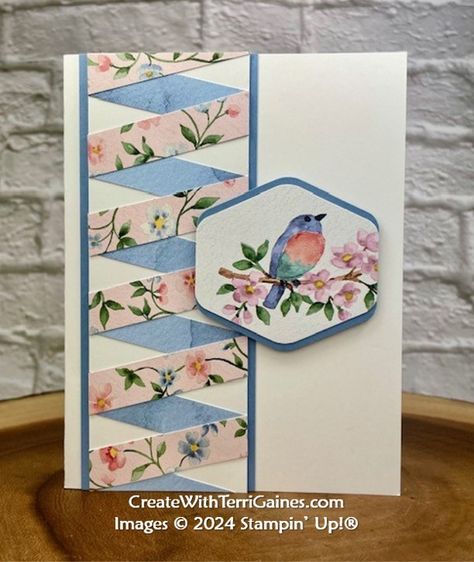 Twisted Ribbon Card using Flight & Airy Designer Paper - FREE PDF Download & Video Tutorial - Create With Terri Gaines Twisted Ribbon Card, Sweet Songbirds, Designer Paper Cards, Twisted Ribbons, Fancy Fold Card Tutorials, Ribbon Cards, Designer Paper, Spring Cards, Fancy Fold Cards