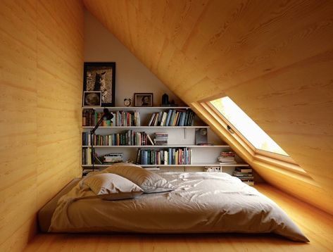 Low Ceiling Attic Bedroom, Attic Bedroom Decor, Low Ceiling Attic, Low Ceiling Bedroom, Small Attic Bedroom, Attic Design Ideas, Cozy Attic, Attic Bedroom Designs, Bookshelves In Bedroom