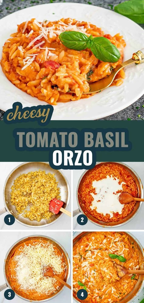 Whip up this creamy Cheesy Tomato Basil Orzo for a comforting dinner that's both easy and delicious! Perfect for busy weeknights. 🍅🧀🌿 #ComfortFood #OrzoRecipes Tomato Basil Orzo, Creamy Orzo Recipes, Orzo Dinner Recipes, Basil Orzo, Cheesy Orzo, Basil Pasta Recipes, Tomato Orzo, Creamy Orzo, Gnocchi Pasta