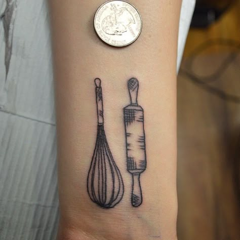 Whisk and Rolling Pin Tattoos by Susie Humphrey Pastry Tattoo, Baking Tattoo, Cooking Tattoo, Chef Tattoo, Food Tattoos, Coffee Tattoos, Tattoo Time, Tattoos Inspiration, Time Tattoos