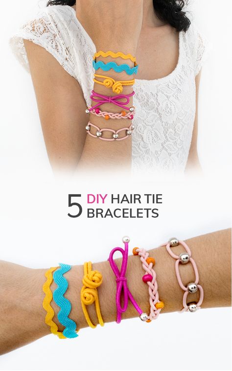 Learn how to make these five styles of hair tie bracelets. A mix between a bracelet and a hair tie that not only looks super cute but it's also functional. Tie Bracelets, Best Hair Ties, String Friendship Bracelets, Diy Crafts For Teen Girls, Hair Ties Diy, Friendship Bracelets Easy, Diy Fashion Projects, Elastic Bracelets