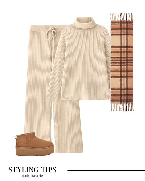 Uggs outfit Ribbed Pants Outfit, Home Outfit Comfy, Outfits Turtleneck, Uggs Outfit Winter, Cabin Sweater, Loungewear Winter, Sweater Lounge Set, Cabin Outfit, Matching Set Outfit