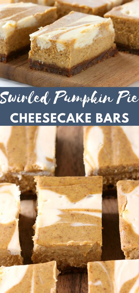 Top image shows the side view of a pumpkin pie cheesecake bar on a wooden cutting board. Bottom image shows an overhead view of a batch of pumpkin pie cheesecake bars on a wooden cutting board. Pumpkin Pie Cheesecake Bars, Thanksgiving Desserts Pie, Pumpkin Swirl Cheesecake, Swirl Cheesecake, Pumpkin Cheesecake Bars, Gingersnap Crust, Pumpkin Pie Cheesecake, Pumpkin Cheesecake Recipes, Pie Cheesecake