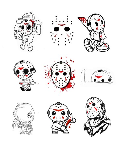 Jason Voorhees Flash Tattoo, Friday The Thirteenth Tattoo Flash, Jason Flash Tattoo, Chucky Flash Tattoo, Small Freddy Krueger Tattoo, Patchwork Horror Tattoo, Small Jason Voorhees Tattoo, Jason Voorhees Drawing Easy, Friday 13 Tattoo Ideas Flash