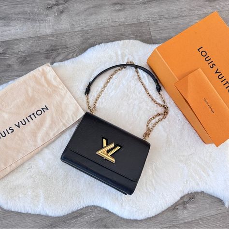 AUTHENTIC LOUIS VUITTON TWIST MM in GOOD CONDITION - FULL BOX w Receipt Lv Twist, Louis Vuitton Twist, Vuitton Handbags, Authentic Louis Vuitton, Cowhide Leather, Leather Trims, Gold Color, Adjustable Straps, Shop My