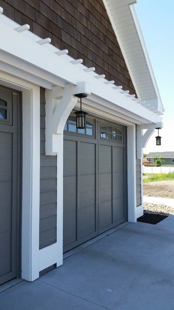 CHASEA Pergola - Craftsman - Garage - Other - by Hamlin Building Center | Houzz Pergola Over Double Garage Door, Craftsman Garage Plans, Garage Arbor Pergola, Update Siding Exterior House, Black Craftsman Garage Door, Garage Front Ideas, Garage Side Door Entrance, Arbor Over Garage Door, Garage Trellis Pergola