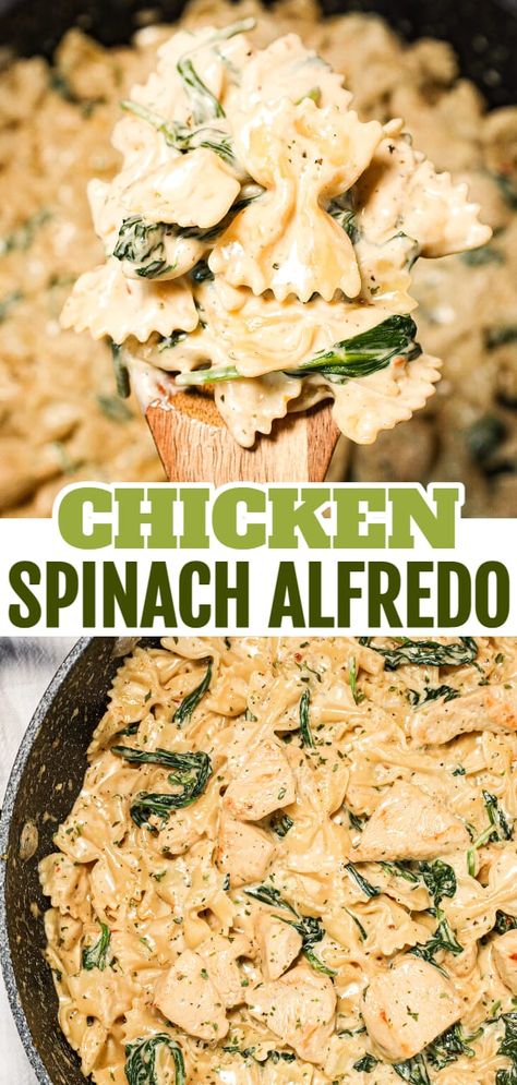 Chicken And Spinach Skillet Pasta, Chicken Spinach Pasta Recipes Easy, Spinach Fettuccine Recipes Pasta Dishes, Chicken Spinach Alfredo Crockpot, Chicken Bacon Spinach Alfredo, Creamy Chicken Spinach Pasta Recipes, Chicken Alfredo Pasta Meal Prep, Spinach Dip Chicken Pasta, Chicken Spinach Bowtie Pasta